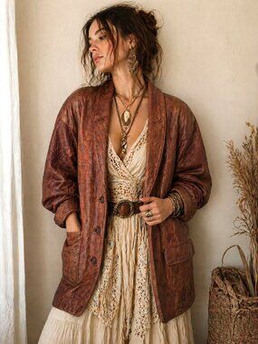 Vintage Leather Textured Brown Jacket Boho M/L